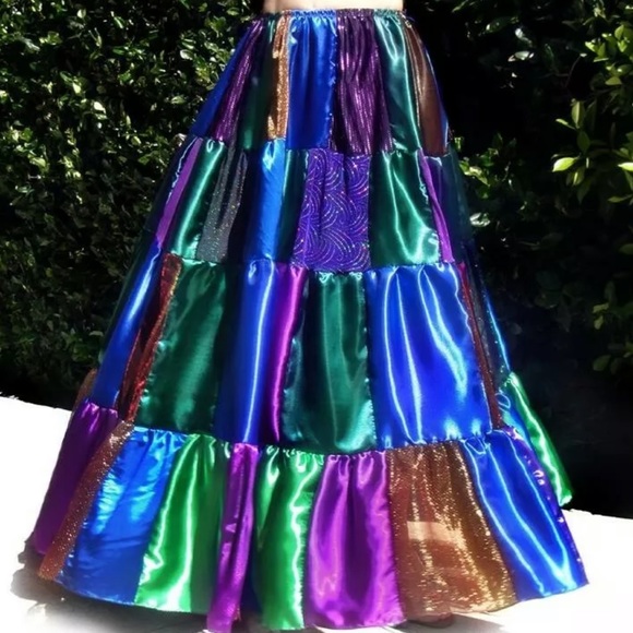 Peacock colors satin skirt patchwork boho size M - Picture 2 of 6